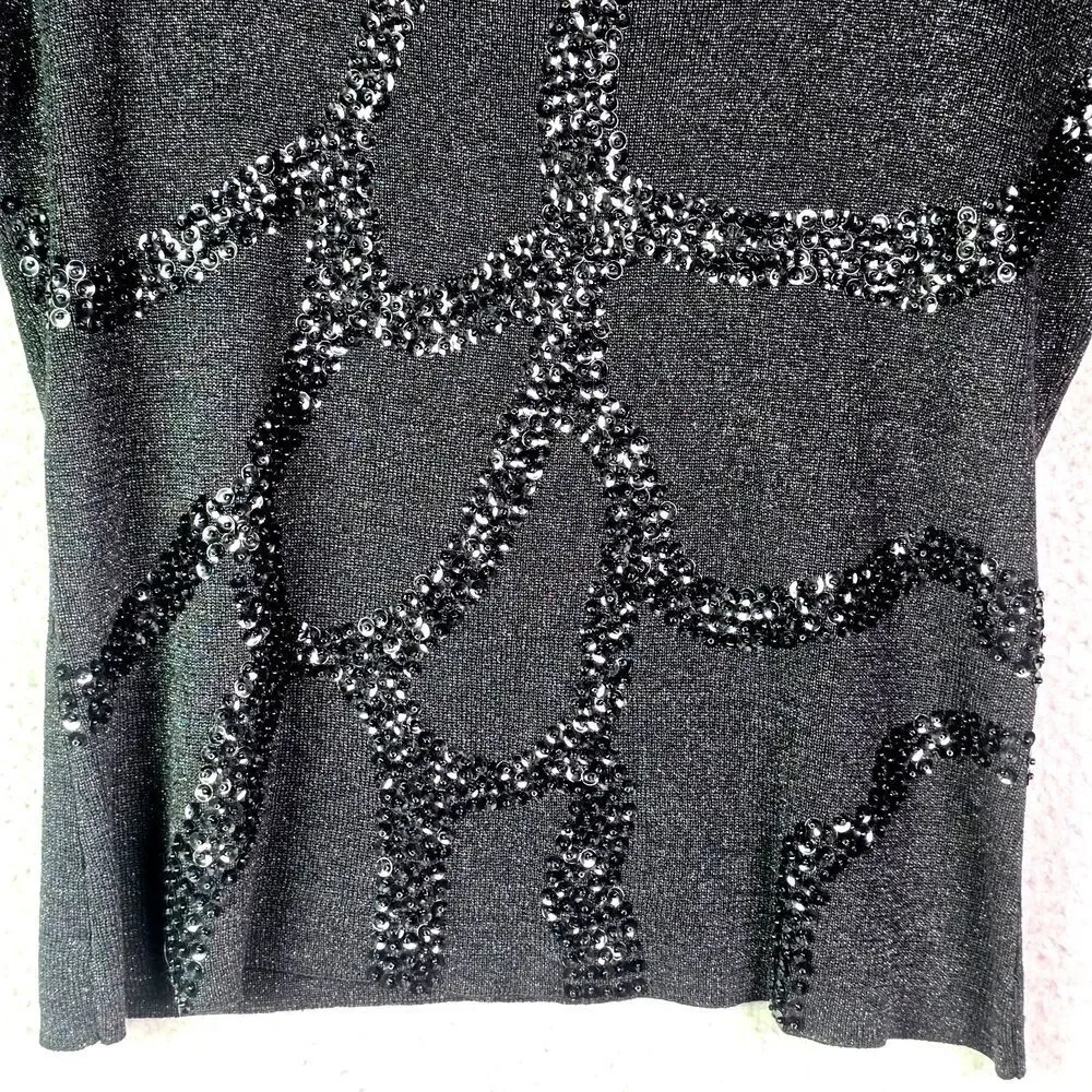 Joseph A L Black Sequin Silk Metallic Sweater Top 3/4 Sleeve